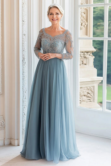 Queen Anne Dusty Blue A Line Manches Longues Robe Mère de la Mariée